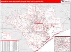 Houston-The Woodlands-Sugar Land Metro Area Digital Map Red Line Style